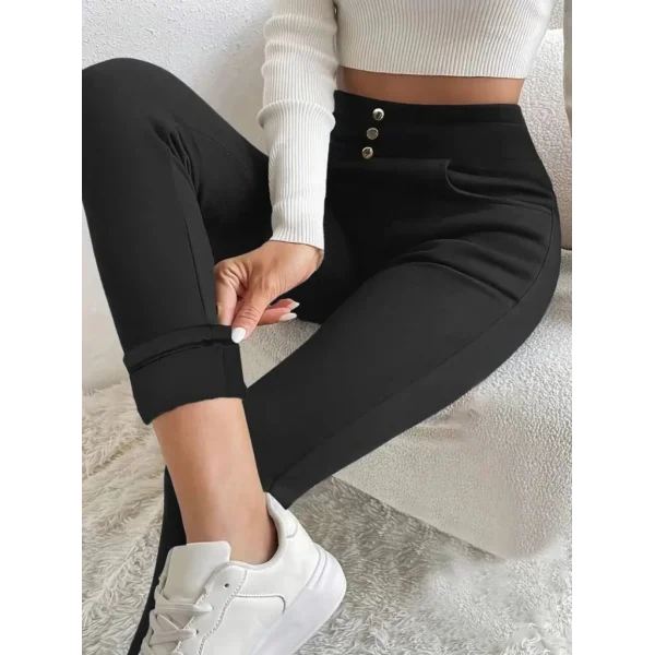 Kadın Yüksek Bel Cepli Düğmeli şardonlu Dalgıç Tayt Pantolon