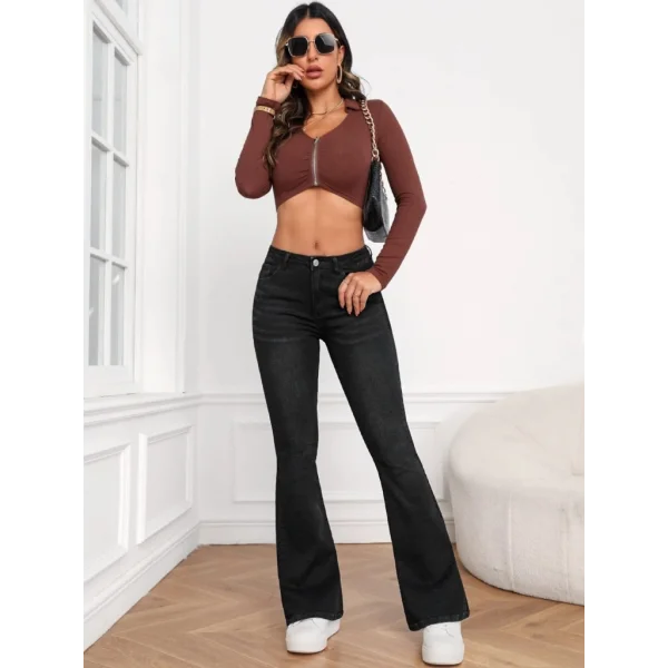 Kadın Yüksek Bel Cepli İspanyol Paçalı Kot Jeans Pantolon