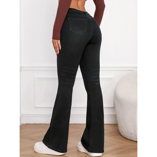 Kadın Yüksek Bel Cepli İspanyol Paçalı Kot Jeans Pantolon