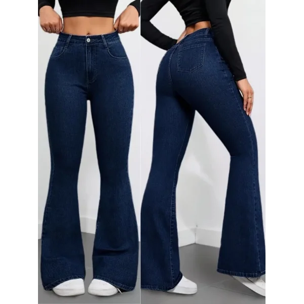 Kadın Yüksek Bel Cepli İspanyol Paçalı Kot Pantolon