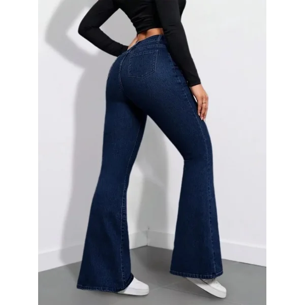 Kadın Yüksek Bel Cepli İspanyol Paçalı Kot Pantolon