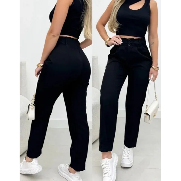 Kadın Yüksek Bel Cepli Paça Ağzı Pile Detaylı Ithal Krep Pantolon