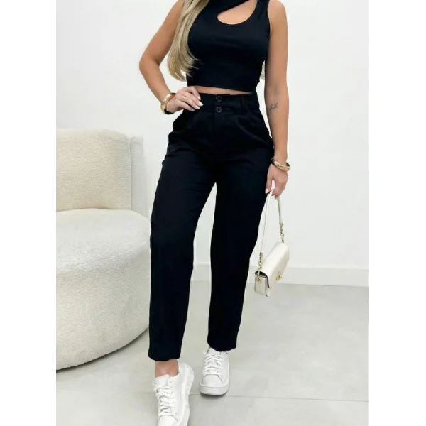 Kadın Yüksek Bel Cepli Paça Ağzı Pile Detaylı Ithal Krep Pantolon