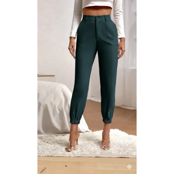 Kadın Yüksek Bel Cepli Paçası Lastikli Ithal Krep Pantolon