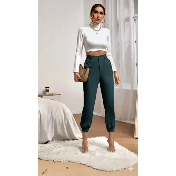 Kadın Yüksek Bel Cepli Paçası Lastikli Ithal Krep Pantolon