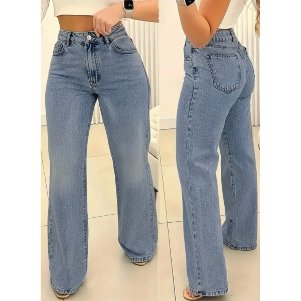 Kadın Yüksek Bel Cepli Paçaya Doğru Geniş Kot Pantolon