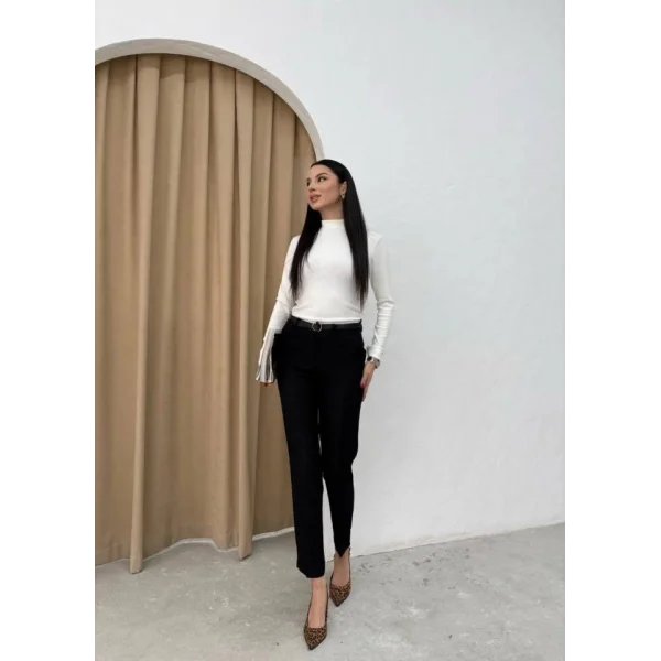 Kadın Yüksek Bel Dar Paça Kemer Dahil Kumaş Pantolon