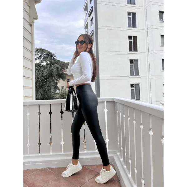 Kadın Yüksek Bel Dar Paçalı Likralı şardonlu Deri Tayt