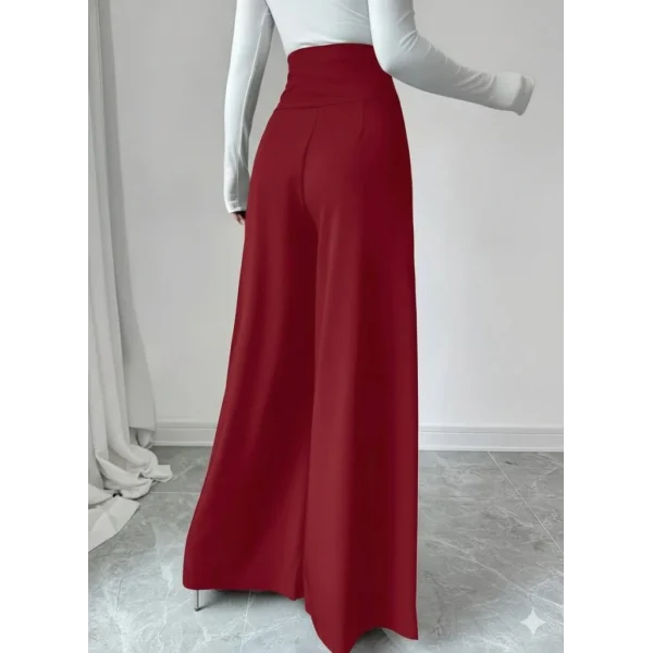 Kadın Yüksek Bel Düğmeli Geniş Paçalı Ithal Krep Pantolon