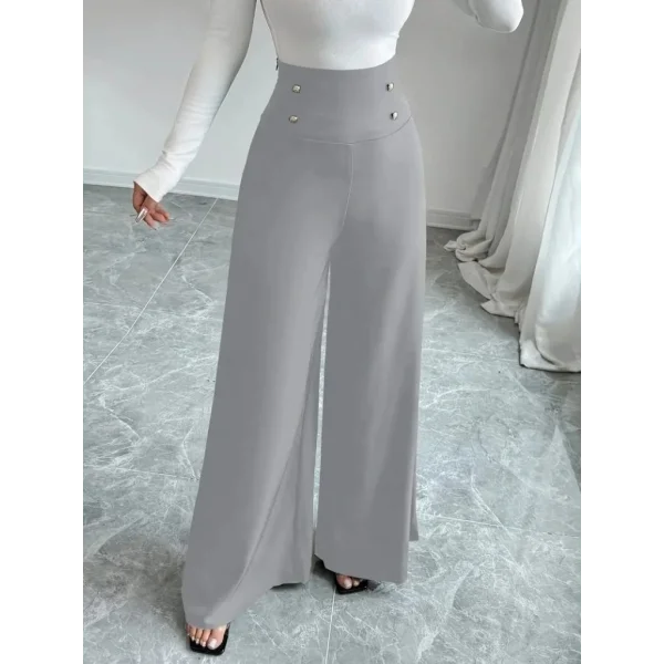 Kadın Yüksek Bel Düğmeli Geniş Paçalı Ithal Krep Pantolon