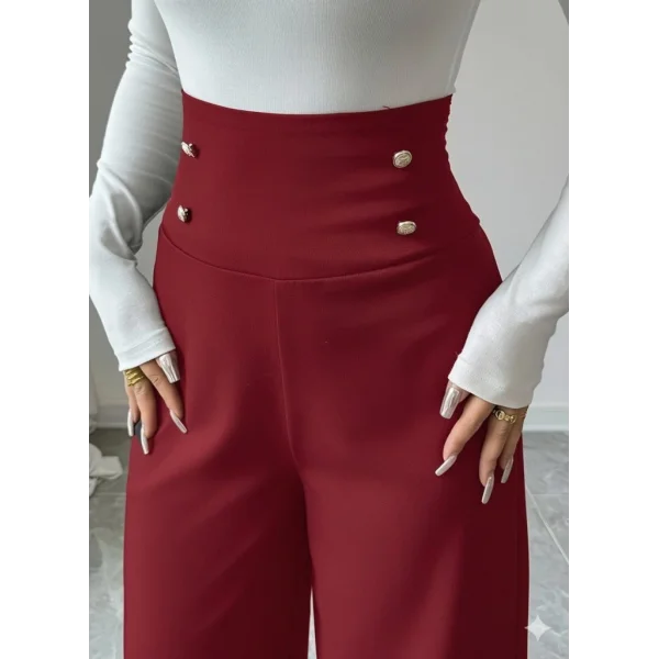 Kadın Yüksek Bel Düğmeli Geniş Paçalı Ithal Krep Pantolon