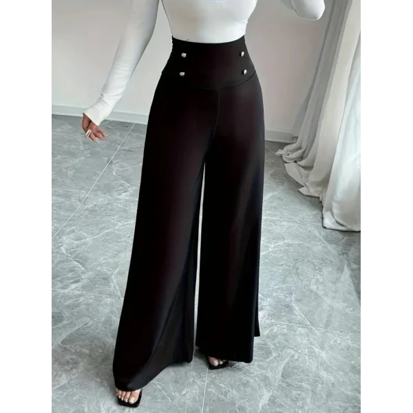 Kadın Yüksek Bel Düğmeli Geniş Paçalı Ithal Krep Pantolon