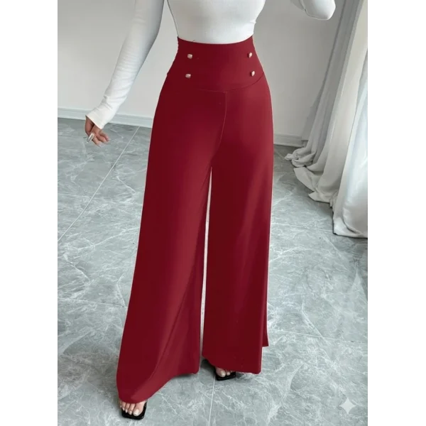 Kadın Yüksek Bel Düğmeli Geniş Paçalı Ithal Krep Pantolon