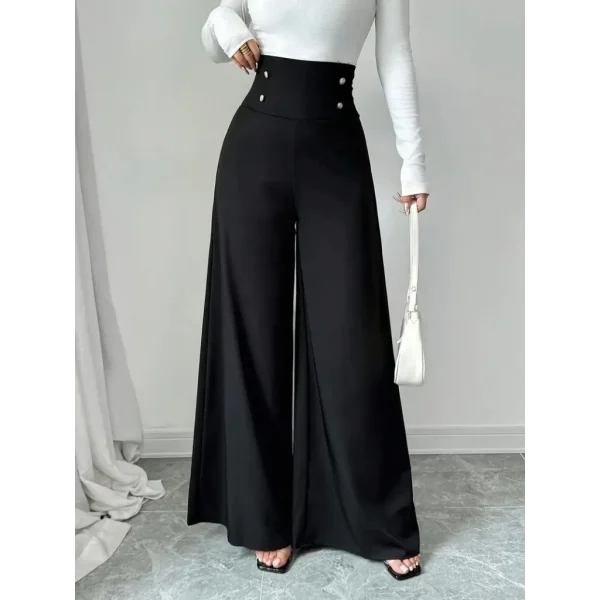 Kadın Yüksek Bel Düğmeli Geniş Paçalı Ithal Krep Pantolon