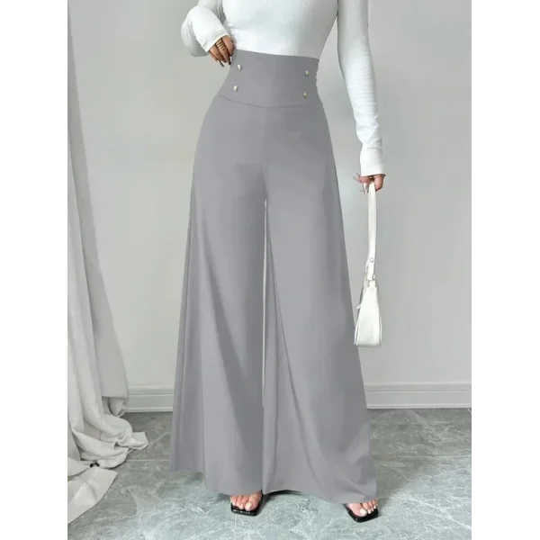 Kadın Yüksek Bel Düğmeli Geniş Paçalı Ithal Krep Pantolon