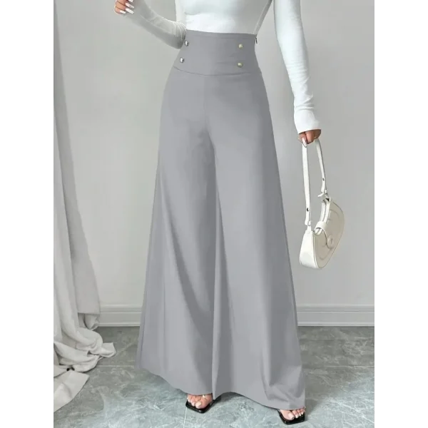 Kadın Yüksek Bel Düğmeli Geniş Paçalı Ithal Krep Pantolon