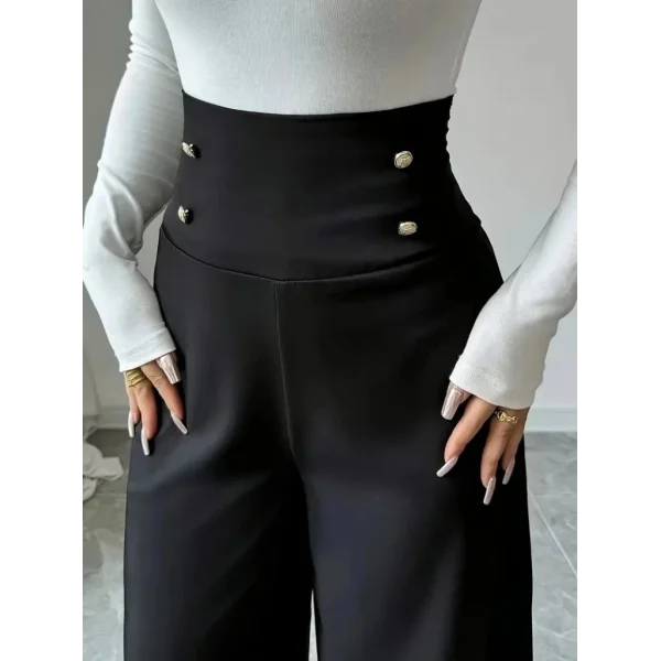Kadın Yüksek Bel Düğmeli Geniş Paçalı Ithal Krep Pantolon