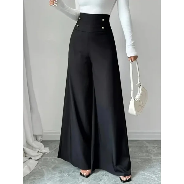 Kadın Yüksek Bel Düğmeli Geniş Paçalı Ithal Krep Pantolon