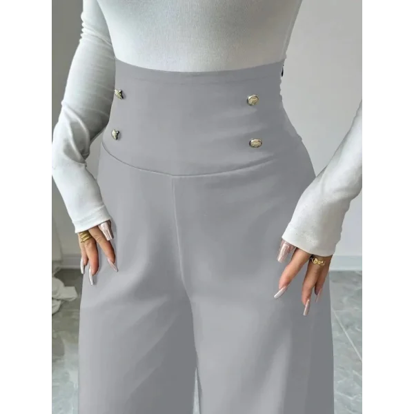 Kadın Yüksek Bel Düğmeli Geniş Paçalı Ithal Krep Pantolon