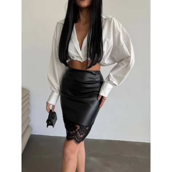 Kadın Yüksek Bel Etek Ucu Dantel Güpür Detay ini Deri Etek