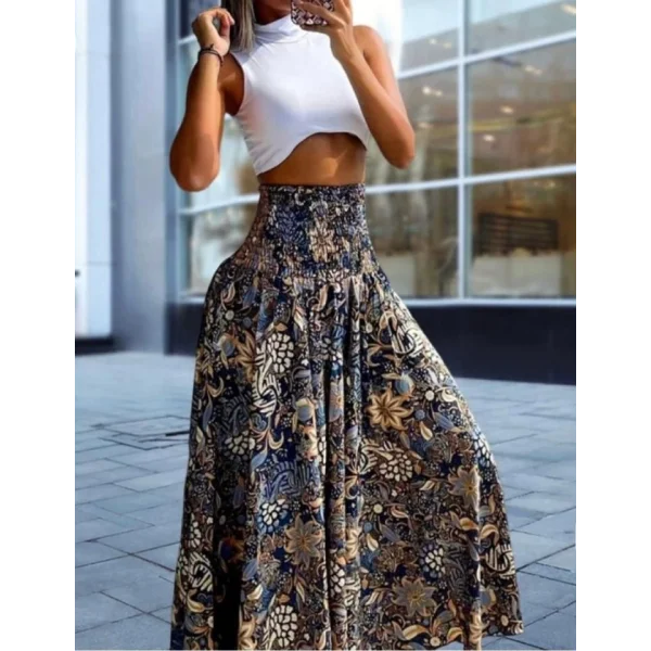 Kadın Yüksek Bel Etnik Desen Baskılı Gipe Detay Pantolon Etek