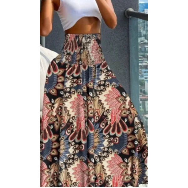 Kadın Yüksek Bel Etnik Desen Baskılı Gipe Detay Pantolon Etek