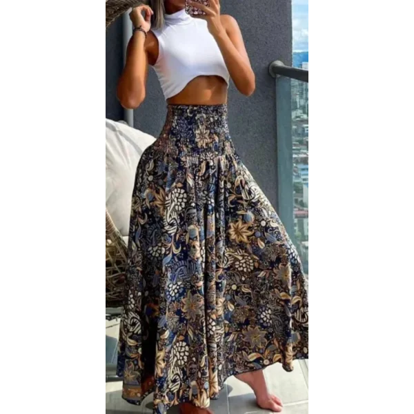 Kadın Yüksek Bel Etnik Desen Baskılı Gipe Detay Pantolon Etek