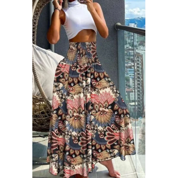 Kadın Yüksek Bel Etnik Desen Baskılı Gipe Detay Pantolon Etek