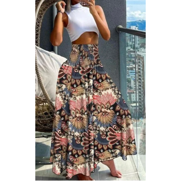 Kadın Yüksek Bel Etnik Desen Baskılı Gipe Detay Pantolon Etek