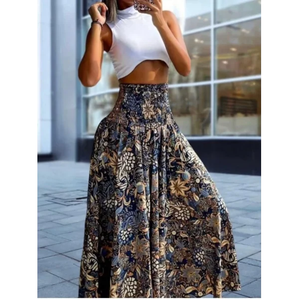 Kadın Yüksek Bel Etnik Desen Baskılı Gipe Detay Pantolon Etek