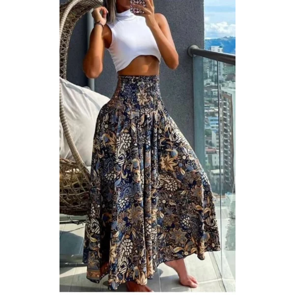 Kadın Yüksek Bel Etnik Desen Baskılı Gipe Detay Pantolon Etek