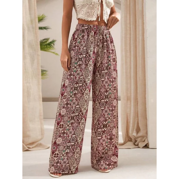 Kadın Yüksek Bel Etnik Desen Dokuma Viskon Salaş Pantolon