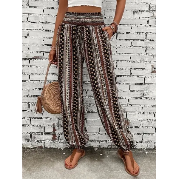 Kadın Yüksek Bel Etnik Desenli Geniş Dökümlü Bürümcük Pantolon