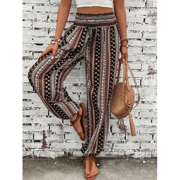 Kadın Yüksek Bel Etnik Desenli Geniş Dökümlü Bürümcük Pantolon