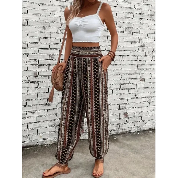 Kadın Yüksek Bel Etnik Desenli Geniş Dökümlü Bürümcük Pantolon