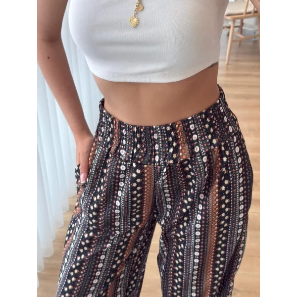 Kadın Yüksek Bel Etnik Desenli Geniş Dökümlü Bürümcük Pantolon