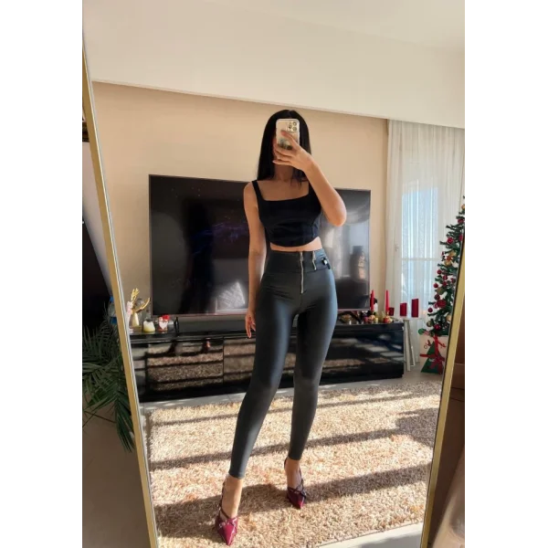 Kadın Yüksek Bel Fermuar Detay Deri Pantolon