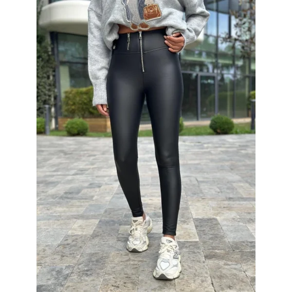 Kadın Yüksek Bel Fermuar Detay Deri Pantolon