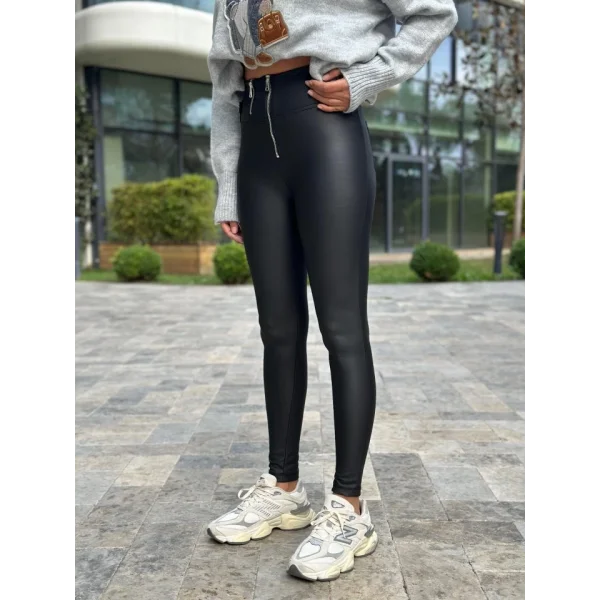 Kadın Yüksek Bel Fermuar Detay Deri Pantolon