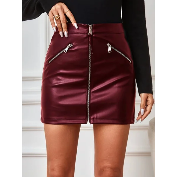 Kadın Yüksek Bel Fermuarlı Mini Deri Etek