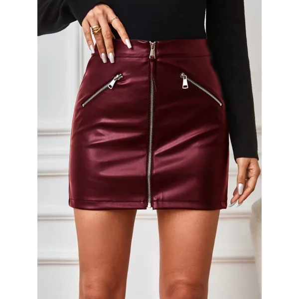 Kadın Yüksek Bel Fermuarlı Mini Deri Etek