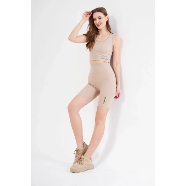 Kadın Yüksek Bel Fitilli Croplu Biker Şortlu Takım - Bej