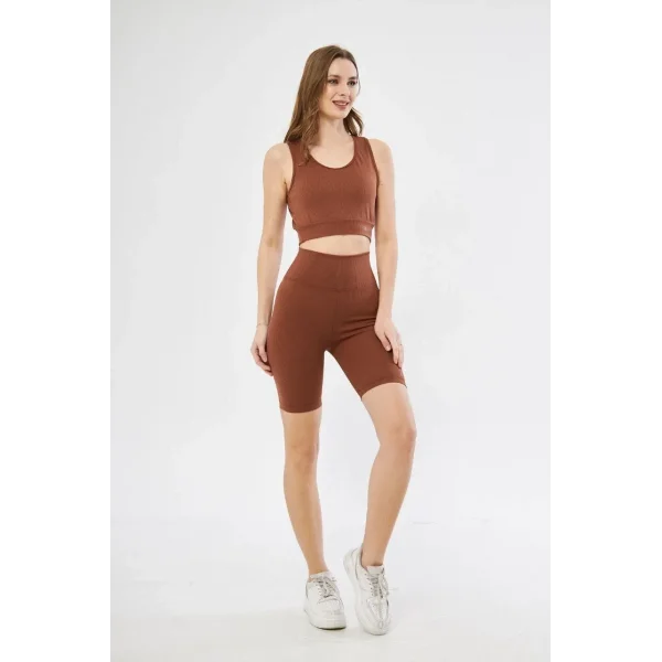 Kadın Yüksek Bel Fitilli Croplu Biker Şortlu Takım - Kahve