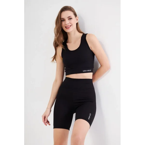 Kadın Yüksek Bel Fitilli Croplu Biker Şortlu Takım - Siyah