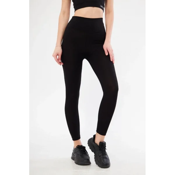 Kadın Yüksek Bel Fitilli Tayt - Siyah