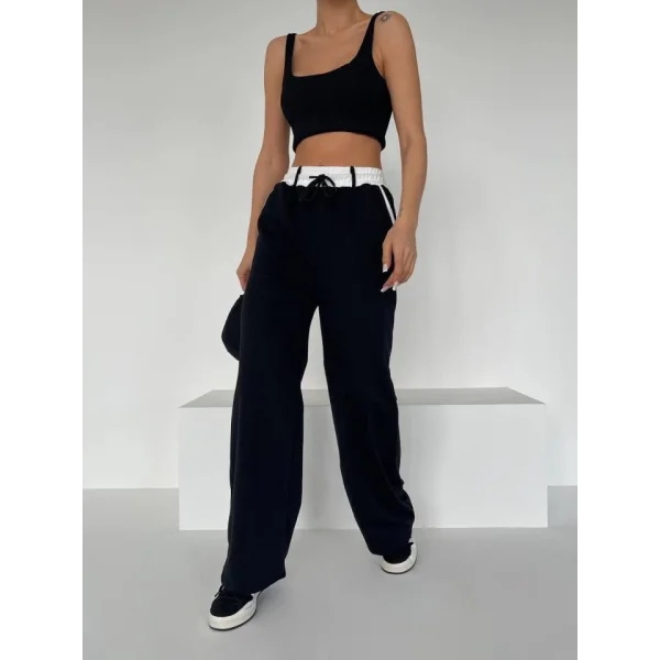 Kadın Yüksek Bel Garnili Bol Paça Pantolon