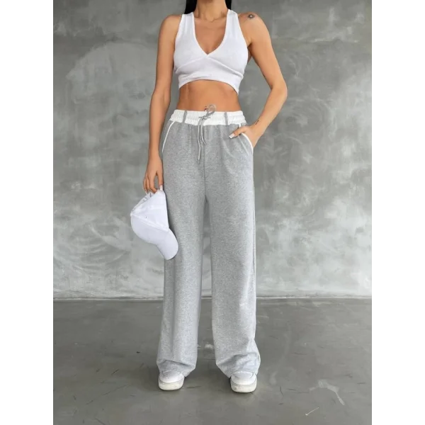 Kadın Yüksek Bel Garnili Bol Paça Pantolon