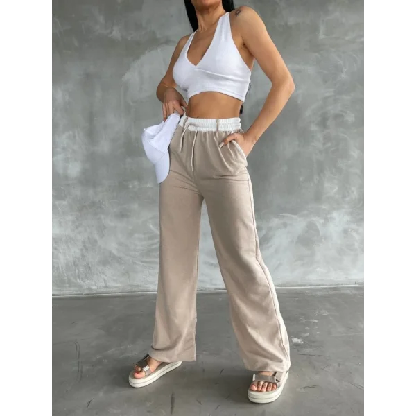 Kadın Yüksek Bel Garnili Bol Paça Pantolon