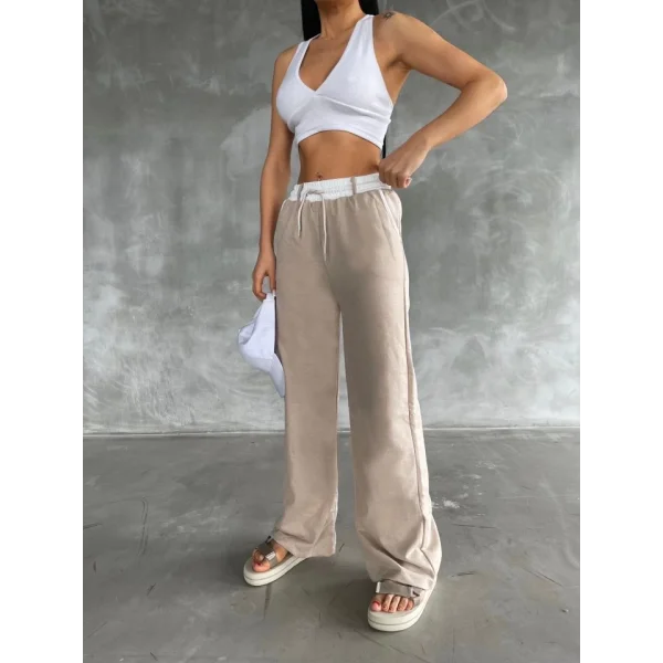 Kadın Yüksek Bel Garnili Bol Paça Pantolon