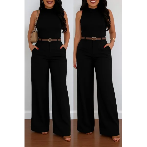 Kadın Yüksek Bel Geniş Paça Detaylı Cepli Ithal Krep Pantolon